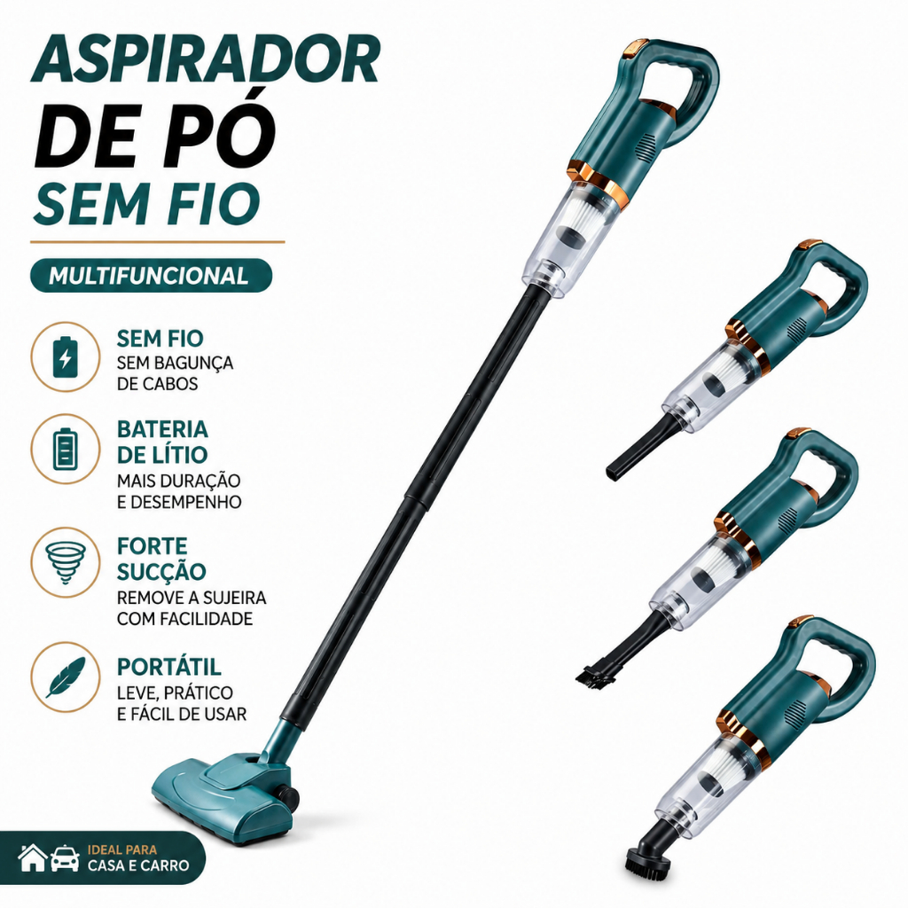 Aspirador de Pó Sem Fio Portátil Recarregável para Carro e Casa com Forte Sucção