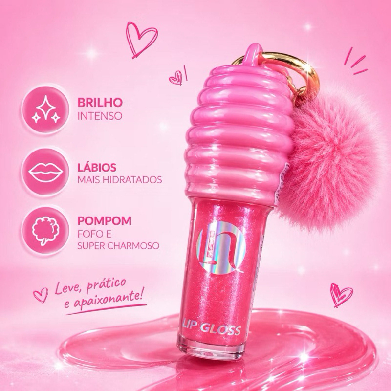 Brilho Labial Lip gloss Com Chaveiro  Pompom Lua & Neve-  Produtos Virais- Cuidado e Beleza