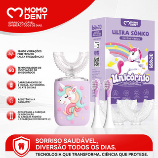 MOMODENT Escova de Dente Elétrica Infantil em Formato U - 5 Modos, 4 Cabeças, Dino 360°, IPX7