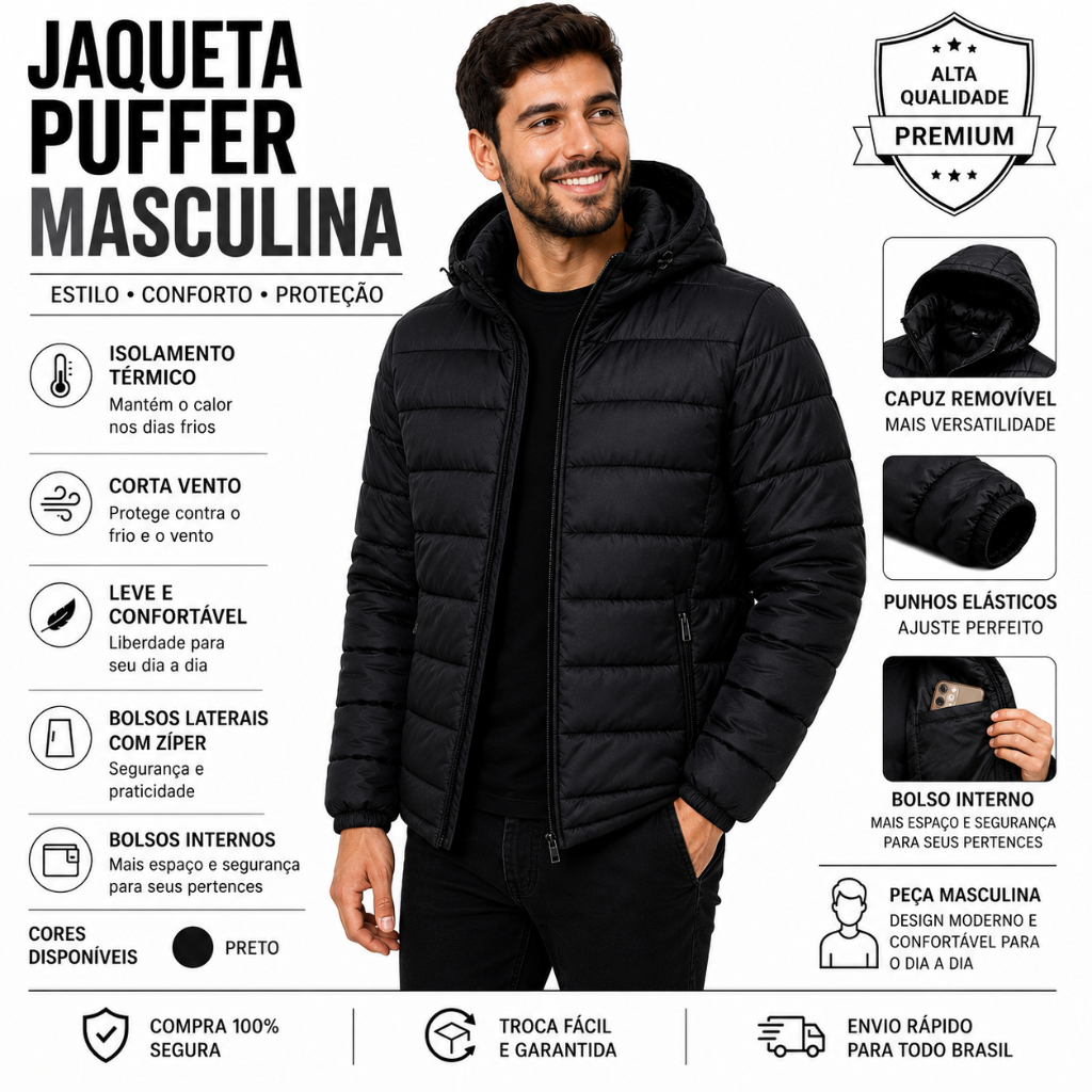 Jaqueta Puffer Bobojaco Masculino Corta Vento Nylon Impermeável Capuz Removível Inverno Premium