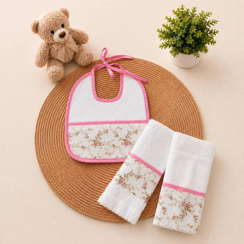Kit Higiene Bebê 3 Peças Babador Fraldinha de Boca Toalhinha de Rosto 100% Algodão Menina e Menino