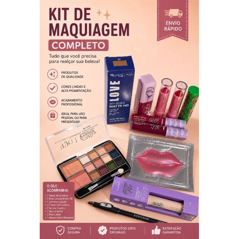Combo Maquiagem Completa Blogueira - Corretivo, Base, Sombras e Batom
