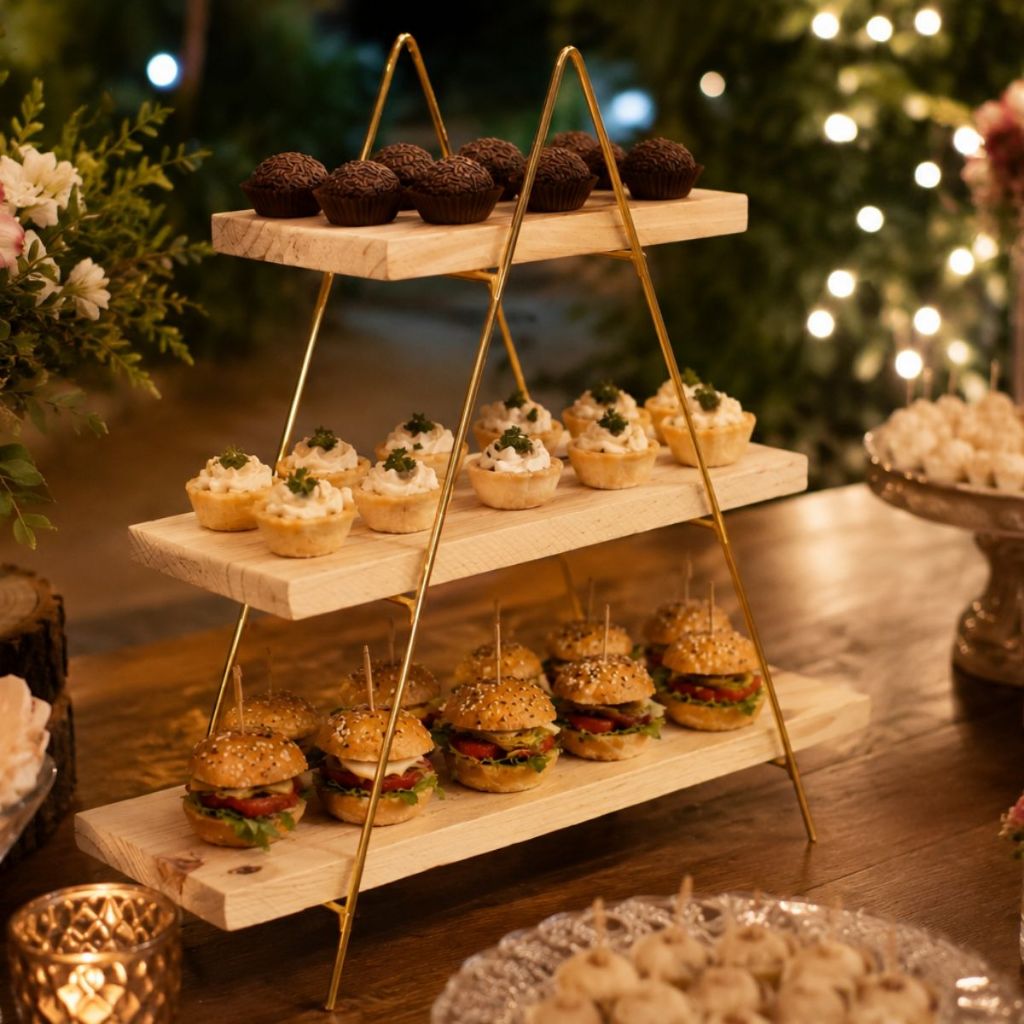 Doceira Escadinha de Mesa Expositor para Doces, Bolos e Decoração Festa 3 Andares | Aço e Madeira