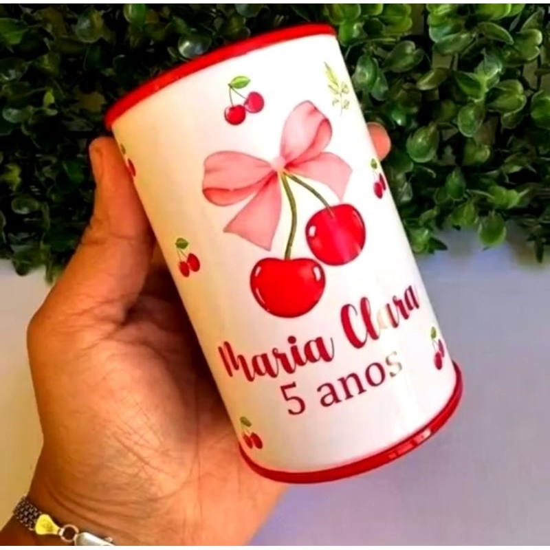 Cofrinho + Rótulo Personalizado Cerejinha Lembrancinha de Aniversário Festa Infantil