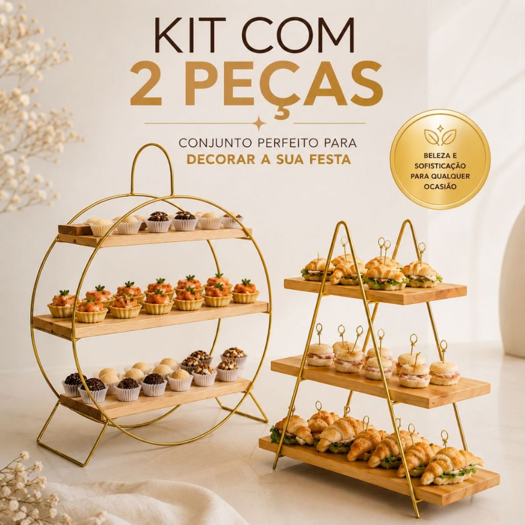 Kit Suporte para Doces Dourado | Doceira Redonda e Escadinha 3 Andares para Festas e Eventos