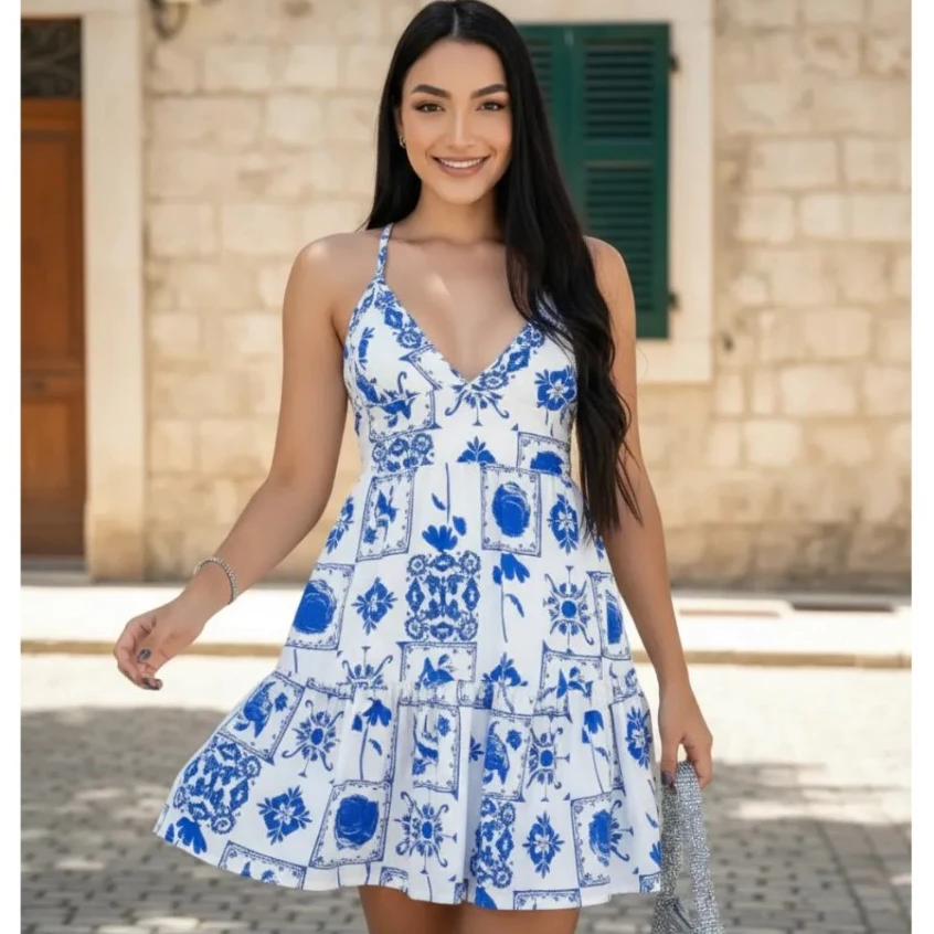 Vestido Curto Verão Estampado Floral Com Alça Fresco Férias Casual — imagem 1
