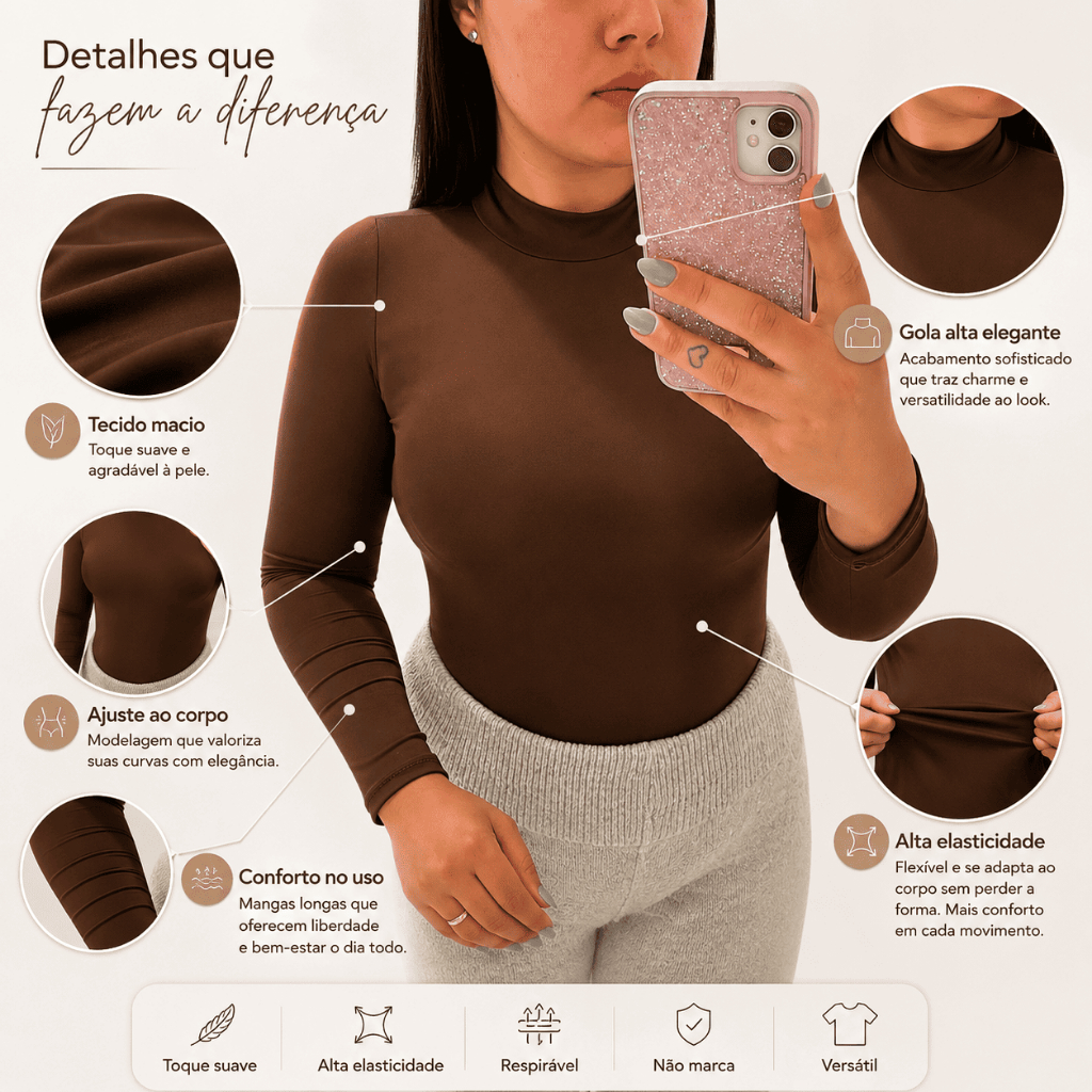 Body Feminino Gola Alta Segunda Pele Liso Básico Elegante Inverno
