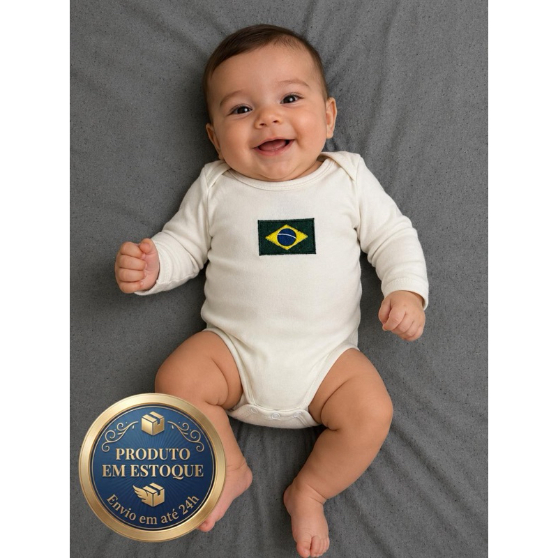 Body Bebê Bandeira Brasil Bordado Algodão Menino Menina Body Seleção Brasileira
