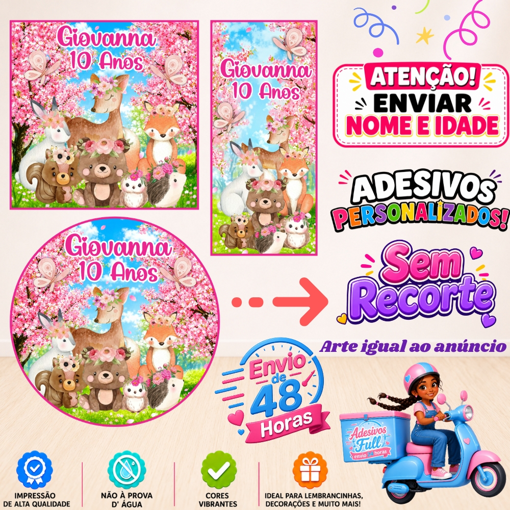 Bosque Encantado Rosa - 100/60/40 Adesivos Personalizados Lembrancinhas Festa Aniversário