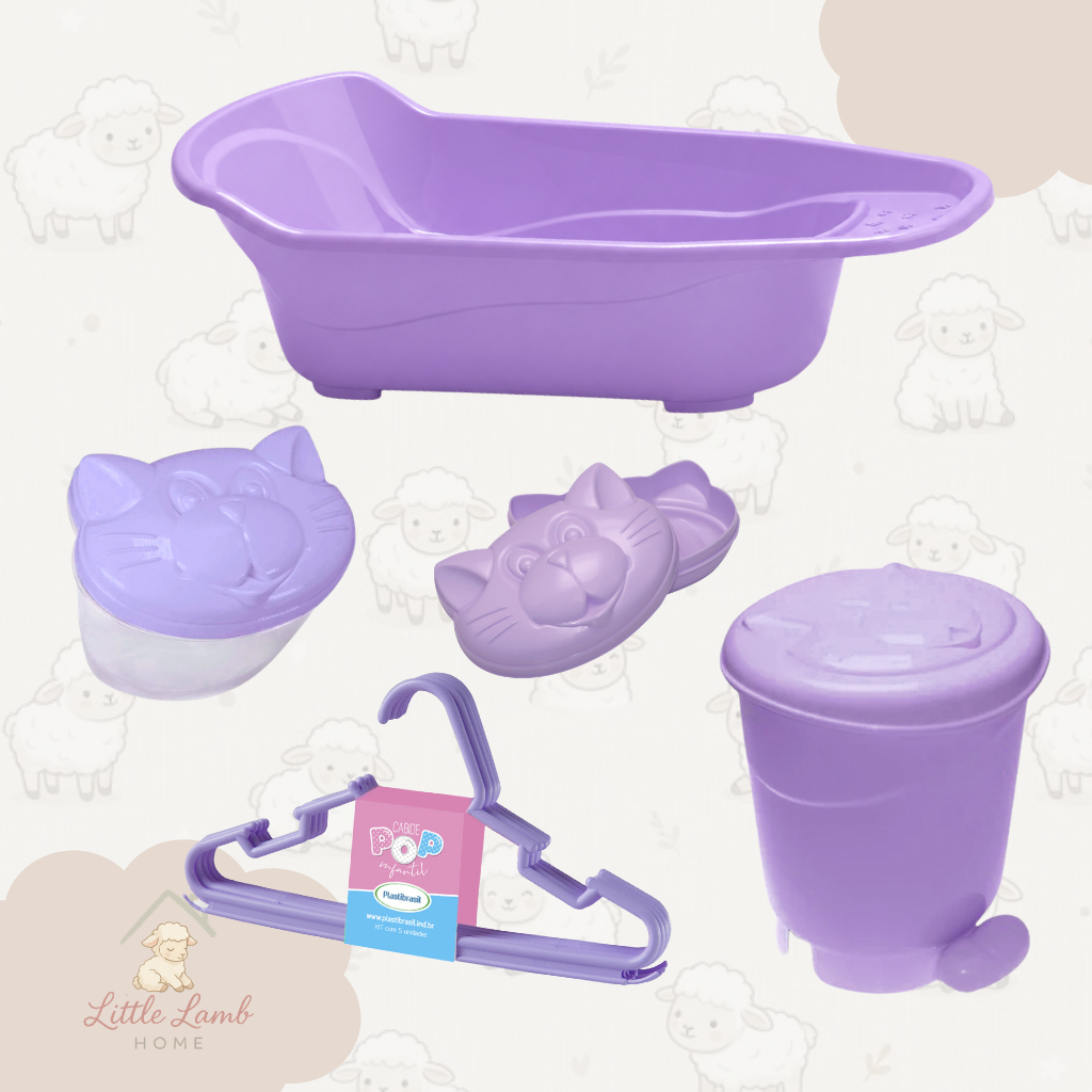 Kit Pequenos Cuidados 5 Peças Banheira 20L Lixeira Pedal 8L e Cabides