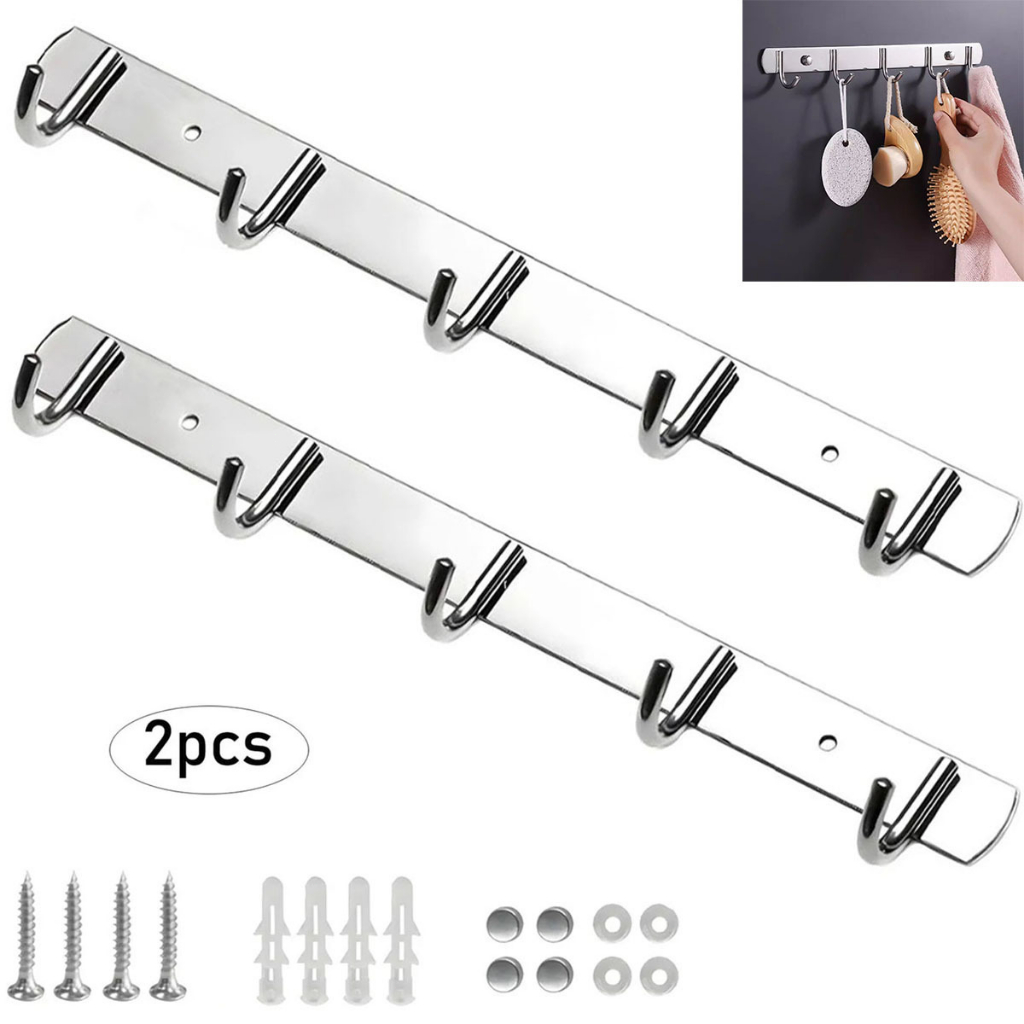 2 Cabideiros de Parede Inox 5 Ganchos para Roupas, Bolsas e Acessórios