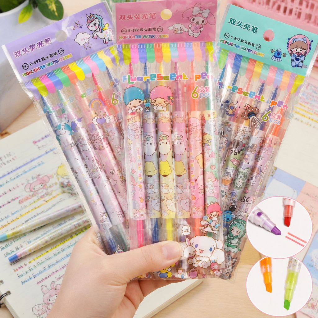 Kit com 6 Canetas Marca Texto Duas Pontas Fina e Grossa Cores Brilhantes para Estudantes 892