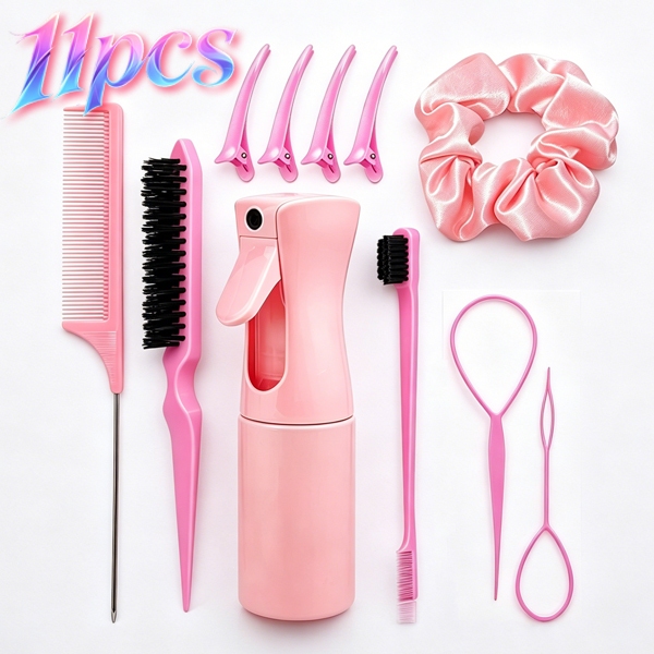 Kit 11 Peças Pente Rabo de Rato Borrifador Ferramenta Trança Clipes Bico de Pato Scrunchie Cetim