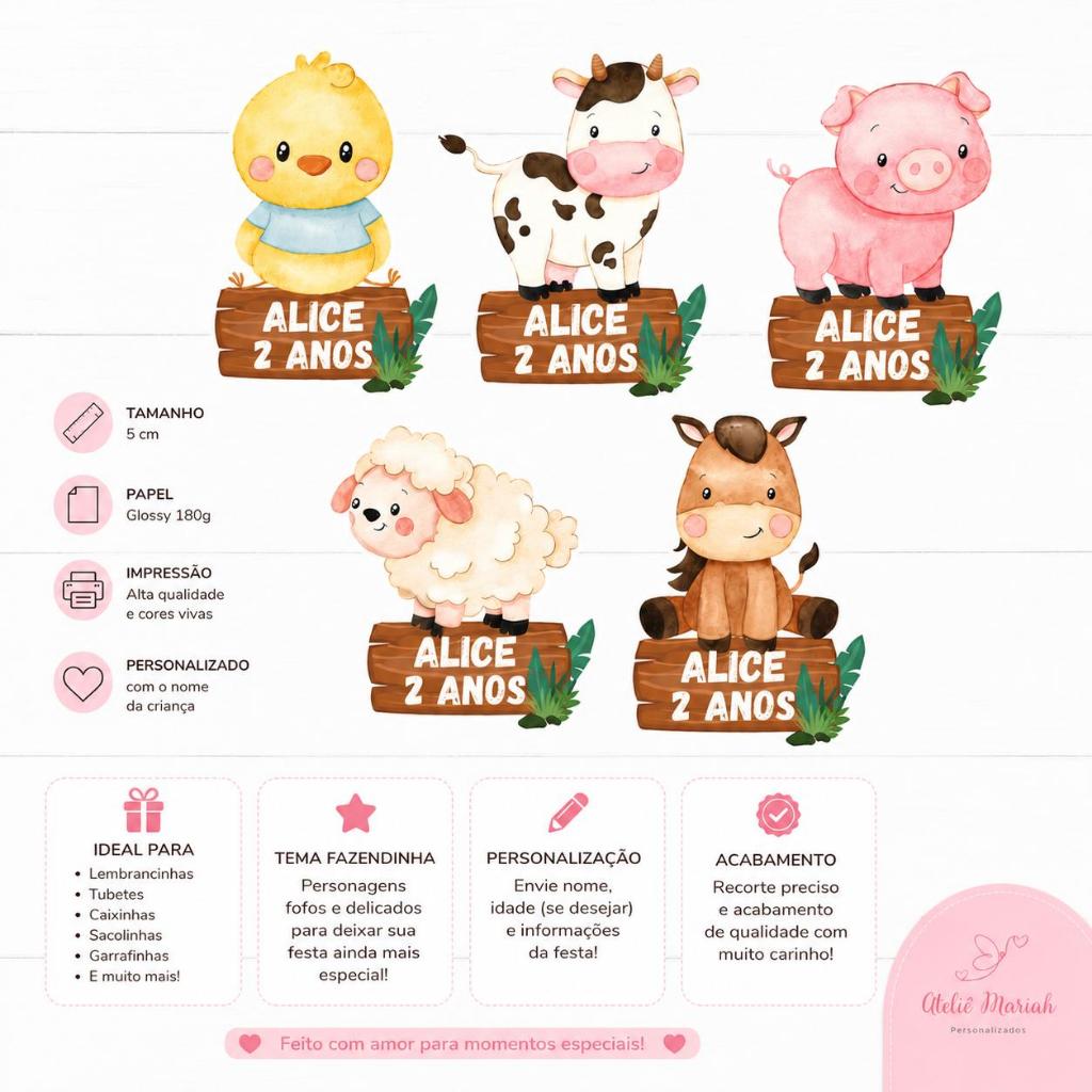 Apliques Tags aniversário fazendinha personalizada lembrancinha