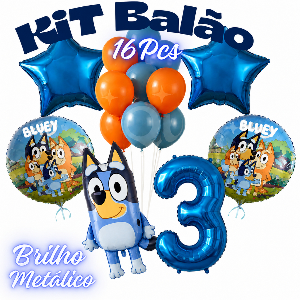 Kit 16 Balão Bluey Metalizado Número 70cm Festa Decoração