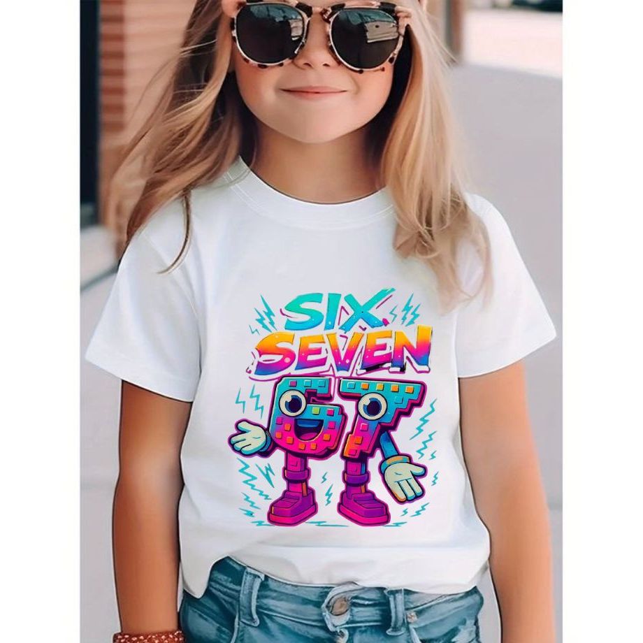 Camiseta Infantil Menina Six Seven Estampada Camisa Moda Casual Preta e Branca Fashion