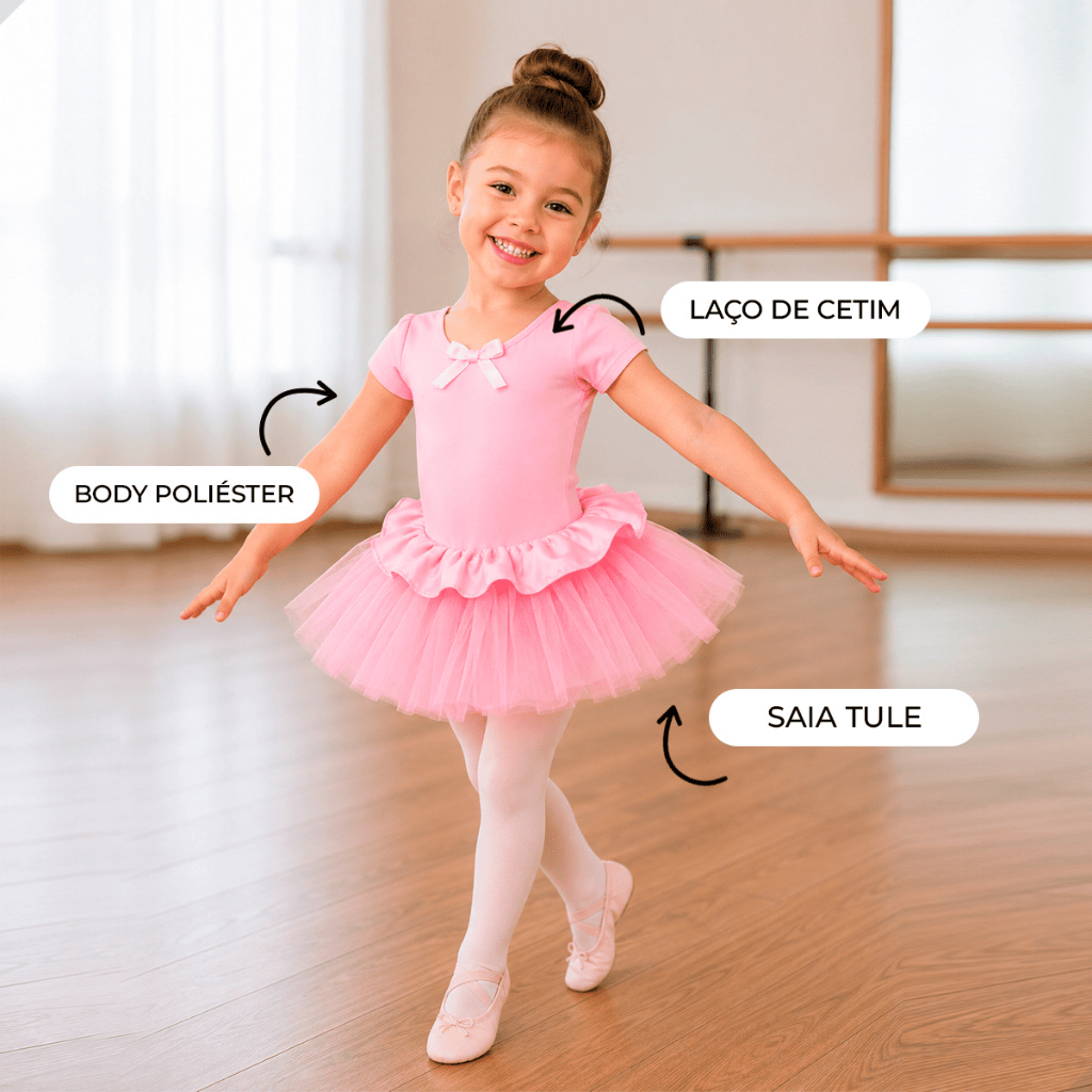 Fantasia de Bailarina Body com Tutu Infantil Rosa Roupinha de Ballet e Tule Para Apresentação