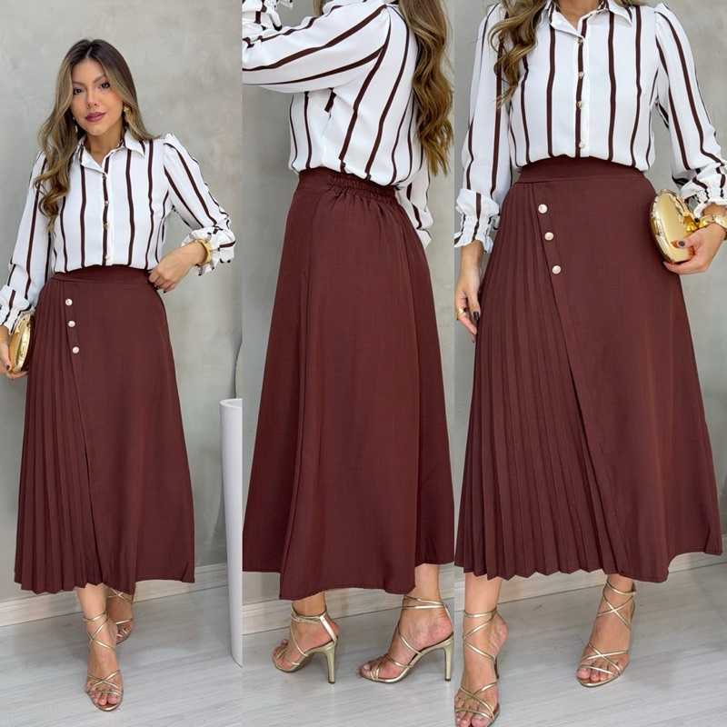 Saia Midi Plissada Feminina, com botões, Moda Casaul, Evangélica Estilo Coreano