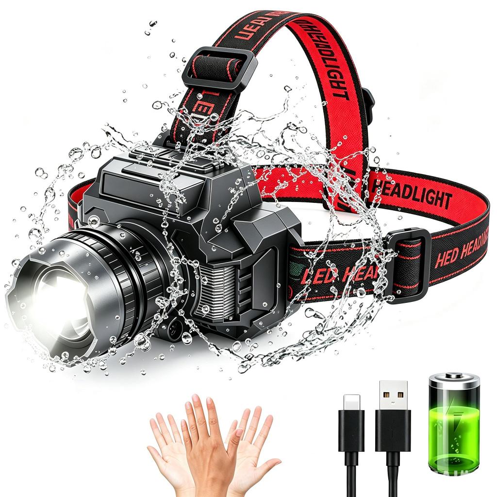 Lanterna de cabeça com sensor de movimento LED potente recarregável ajustável de 270° 3 Modos,1800mAh Ideal para Camping