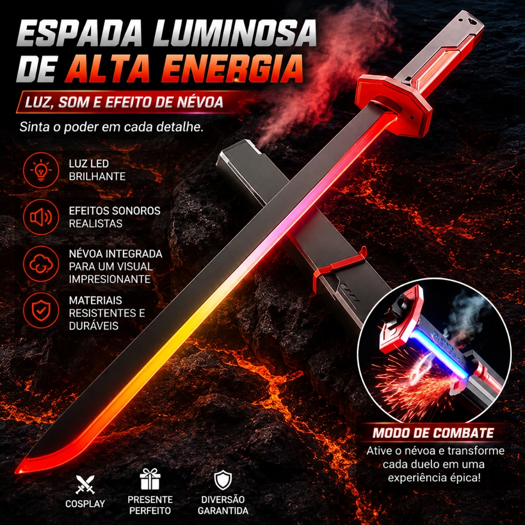 Espada Estilo Japonesa Katana Samurai Com Led RGB e Efeitos de Fumaça e Faísca Colecionável