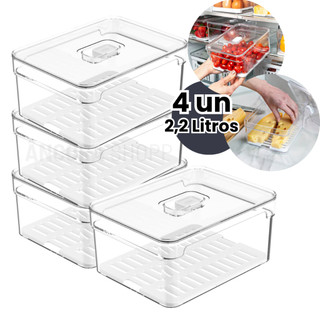 Kit 4 Organizador Geladeira 2,2 Litros de Acrílico Empilhável Bandeja Frutas Legumes Transparente
