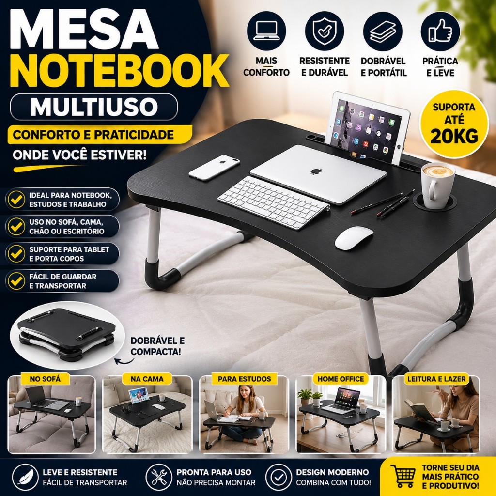 Mesa para Notebook Multiuso Dobrável Portátil Preta para Cama Sofá Home Office Estudos e Leitura