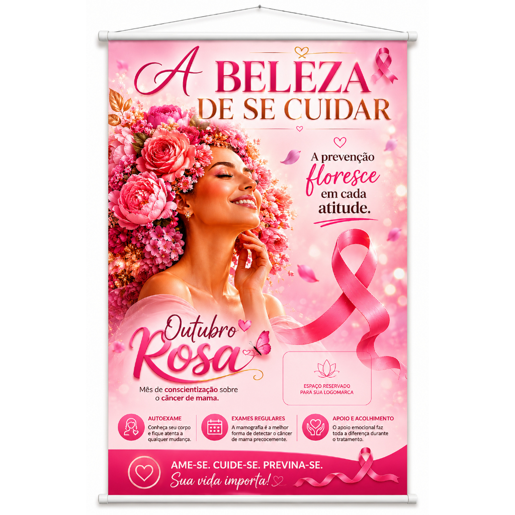 Banner Outubro Rosa Prevenção Ao Câncer De Mama produzido em lona. Cartaz para Hospital Empresa Evento Reuniões Pub1104