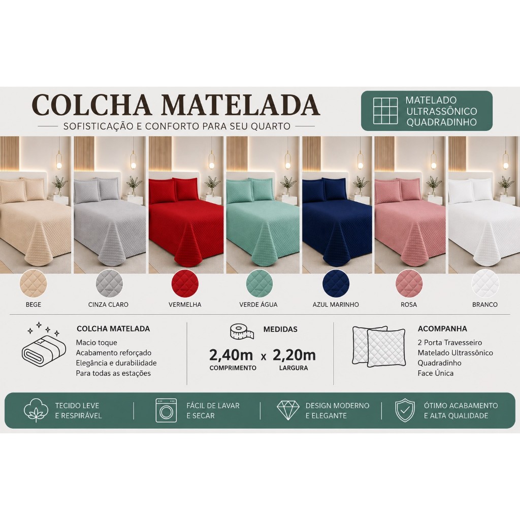 Colcha Cobre Leito Vitória Casal Padrão Box 2,40m x 2,20m Com Porta Travesseiros