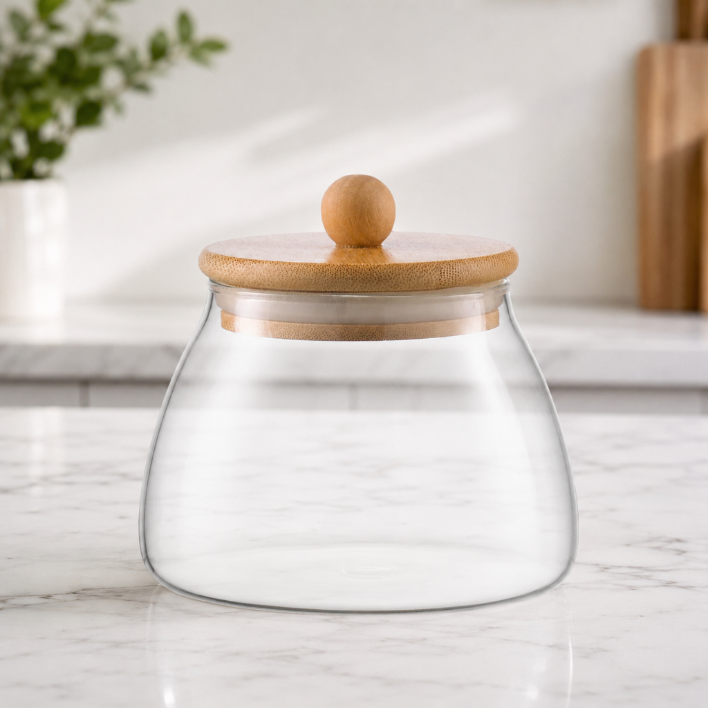 Pote Vidro Hermético Bolinha 450ml Tampa Bambu Natural Armazenamento Mantimentos Cozinha