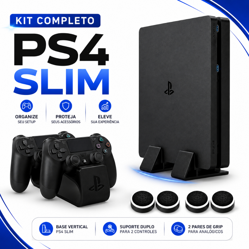 Kit Base Apoio Playstation 4 Slim + Suporte 2 Controles PS4 + Grip