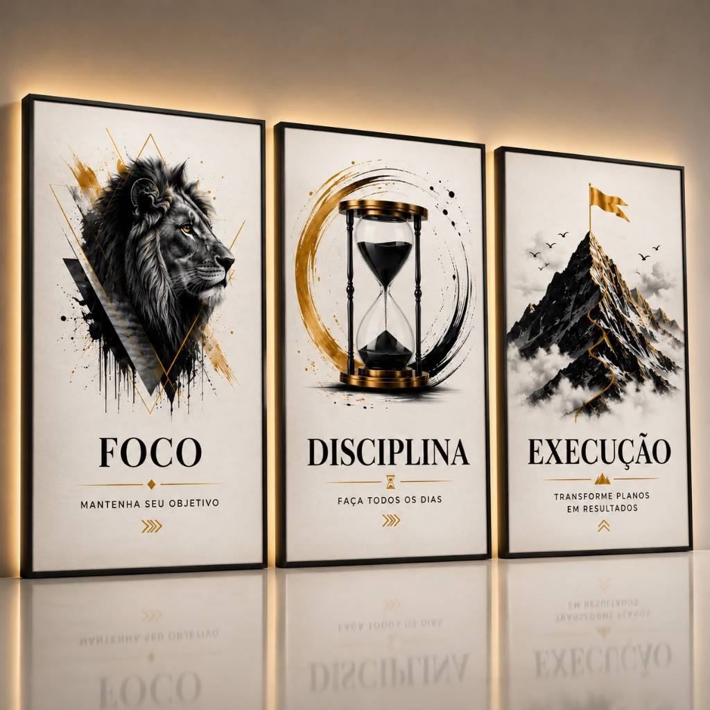 Quadro Decorativo Motivacional 3 Peças Leão Foco Disciplina Execução Mentalidade de Sucesso Escritório Luxo