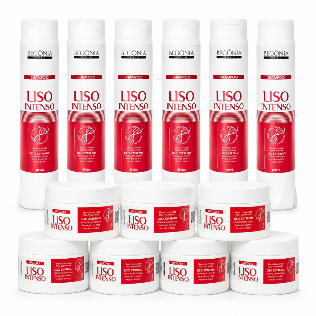 Kit Tratamento Liso Intenso 12 Itens Shampoo 400ml Máscara 300g Begônia Gold