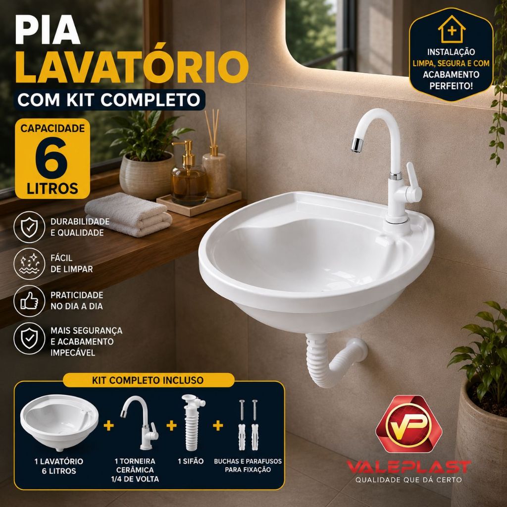 Pia Lavatório de Banheiro 6 L + Kit Instalação Completo C/Torneira, Sifão, Válvula Acoplada