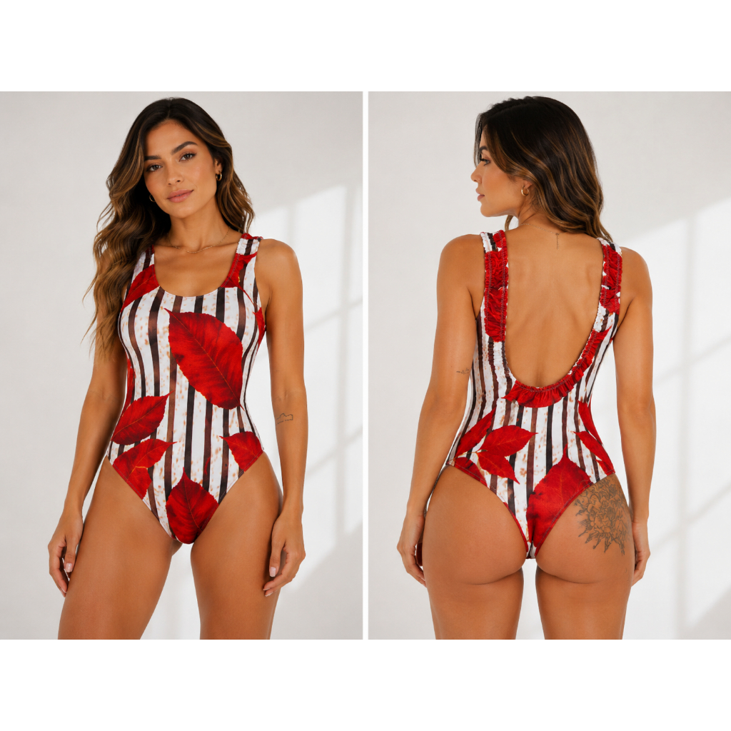 Body Flor Estampa Folha Outono Inverno 2026/blusa feminina regata costas nua/maiô roupa de banho/moda gringa/look baladi