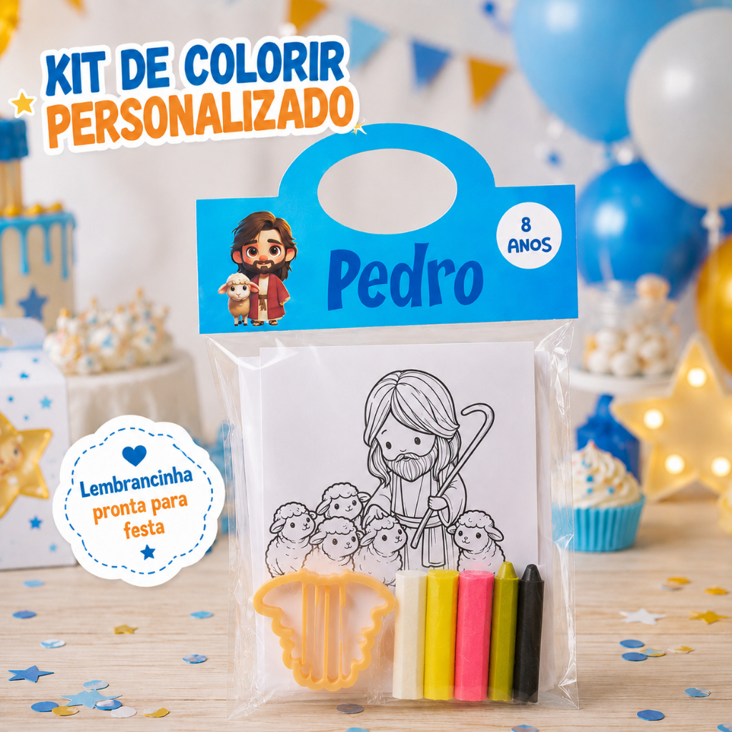 Kit Para Colorir Premium Jesus Personalizado para Festa Infantil + Kit Massinha + Giz, Lembrancinha Criativa