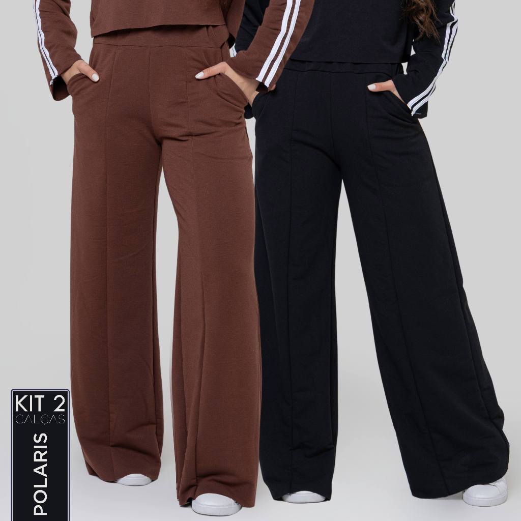 Detalhes do Kit 2 Calças Femininas Moletinho Peluciado Wide Leg Reta Cós Alto com Bolso