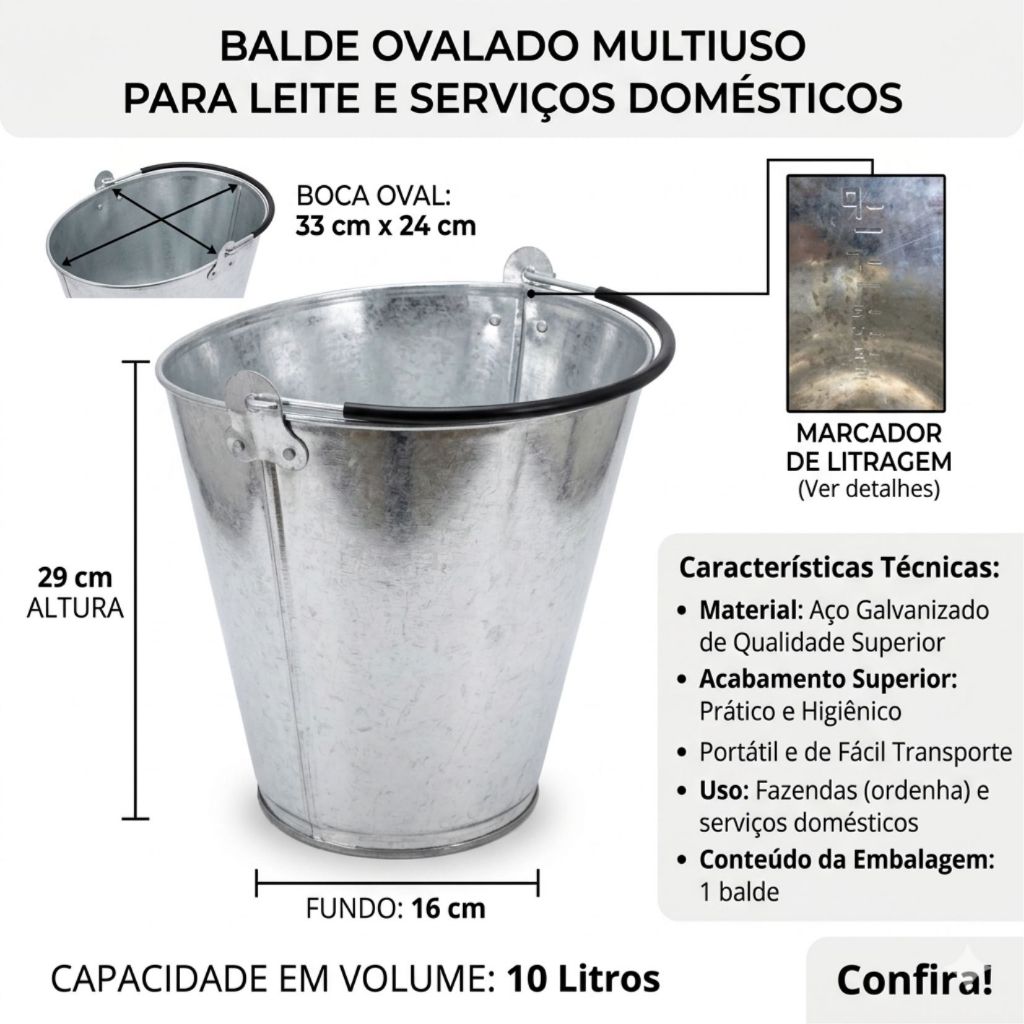Balde Ovalado Leite Ordenha Aço Galvanizado 10 Litros com Alça Revestida Resistente Balde de Leite Não Enferruja