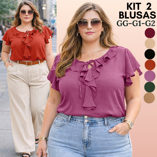 BLUSA FEMININO BÁSICA PLUS SIZE KIT 2 BLUSAS FEMININAS EVANGÉLICA CONFORTÁVEL BLUSINHA BABADO SOLTINHA ELEGANTE ESTILOSA