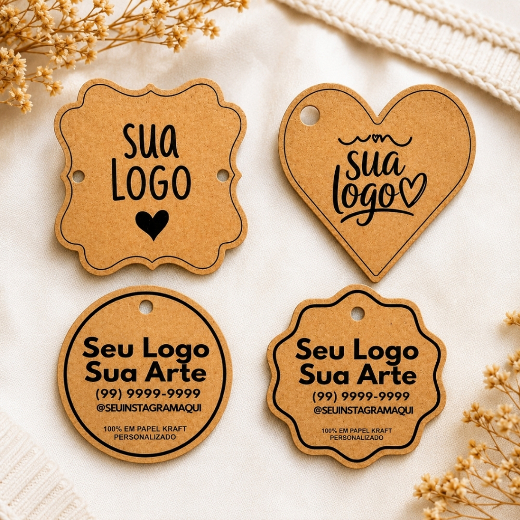 Tags Personalizadas Kraft detalhadas 4,5x4,5cm - impressão em preto