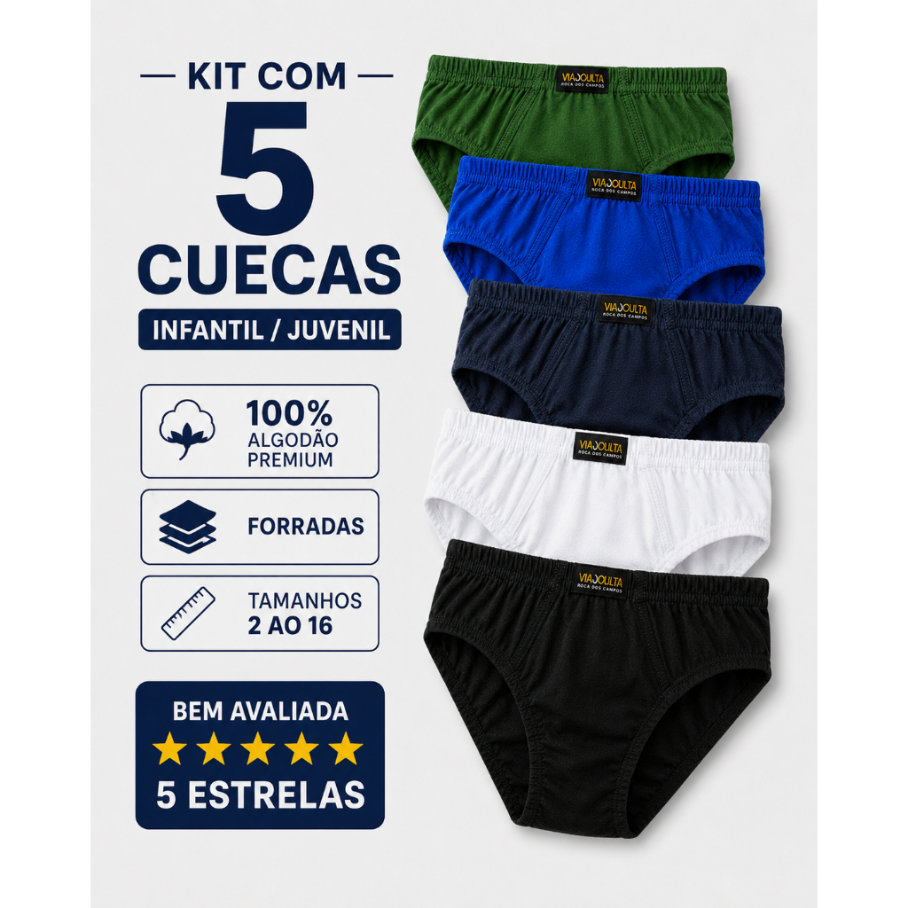 KIT 5 CUECA MENINO INFANTIL JUVENIL ALGODÃO PREMIUM FORRADA