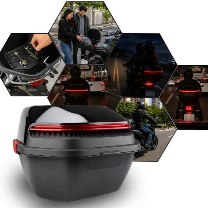 Bau Bauleto Moto ABS 32 Litros Universal Light Preto Com Lanterna LED
