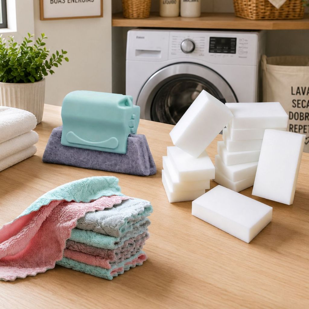 Kit Limpeza Multiuso 01 Limpa Fresta + 10 Panos Microfibra + 10 Esponjas Mágicas Multiuso Limpeza