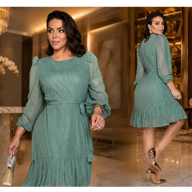 Vestido Tule Solto Cinto Removivel Moda Evangelica Verde Oliva