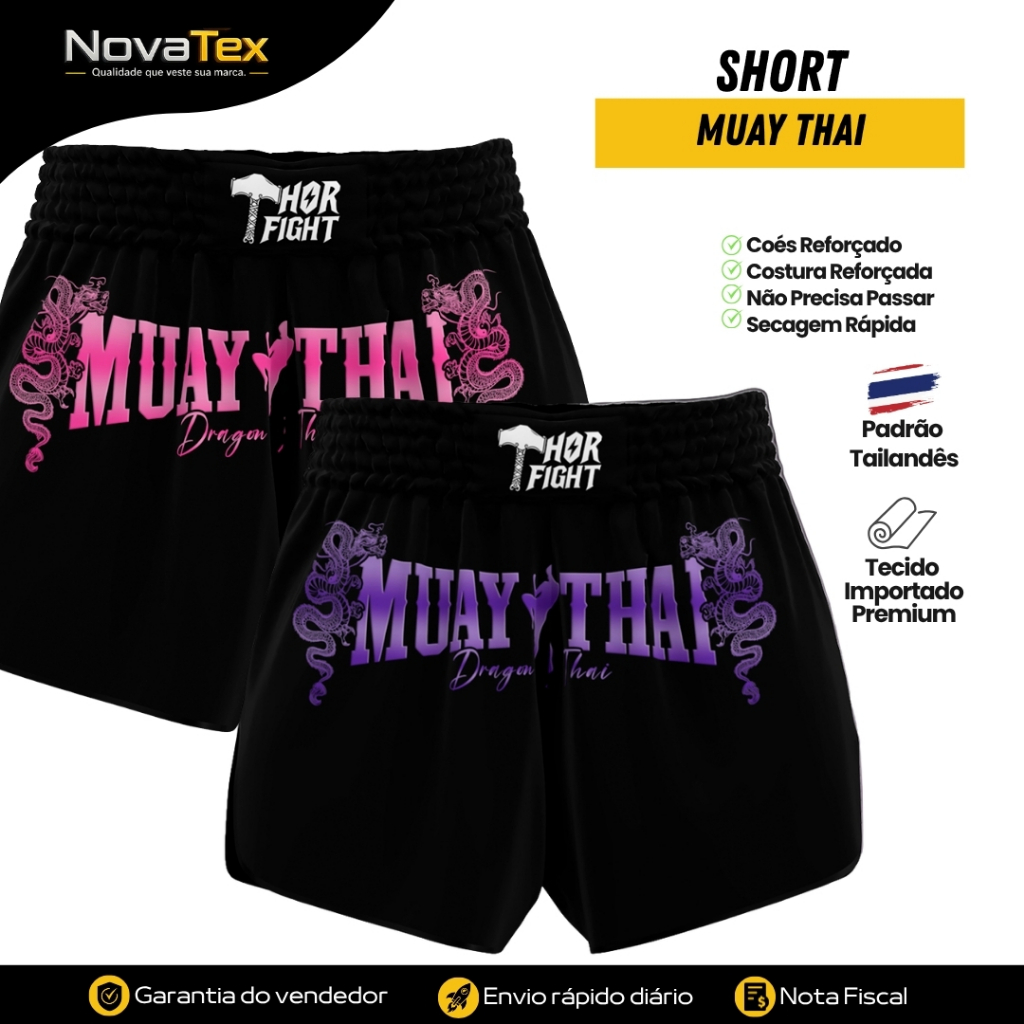 Short Muay Thai Dragon Thai Rosa e Roxo Unissex Feminino Básico Confortável para Treino e Luta