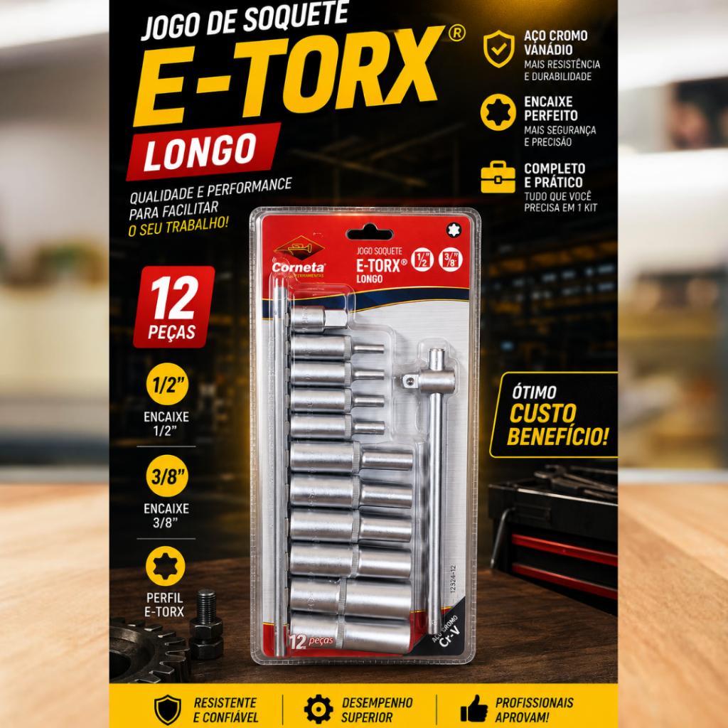 Jogo Soquete E-Torx Longo 1/2"  e 3/8" Aço Cr-V, 12 Peças- Corneta Ferramentas