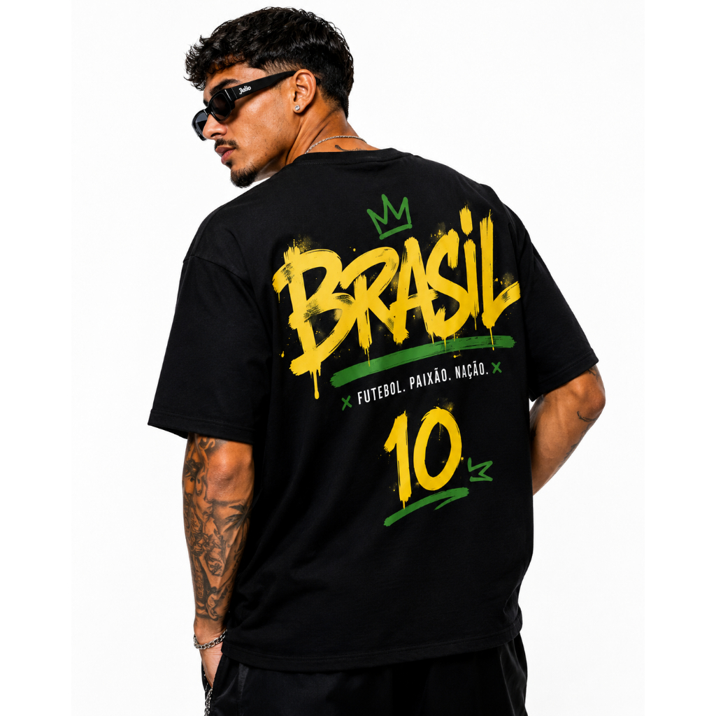 Camiseta Oversized Brasil 10 Streetwear Masculina Estampa Graffiti Seleção Brasileira Copa do Mundo Camisa Premium
