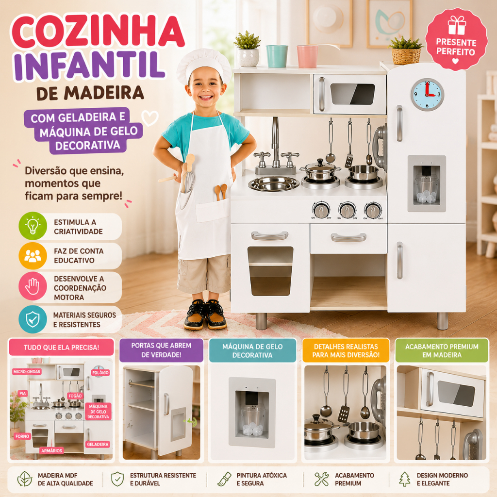 Cozinha Infantil Grande MDF Bege com Geladeira Fogão Pia Torneira e Micro-ondas Brinquedo Realista Completo Mini Chef