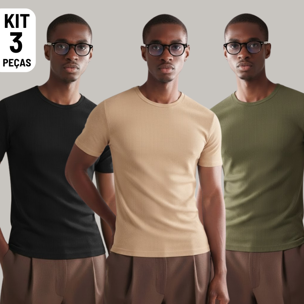 Kit 3 Camisetas Masculina Canelada Ribana Americana Slim Algodão Premium