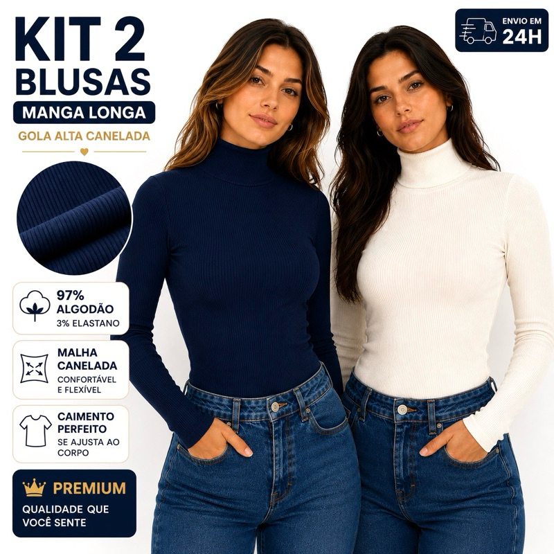 Kit 2 Blusa Canelada Manga Longa Gola Alta Confortável Casual Feminina Segunda Pele Outono Inverno