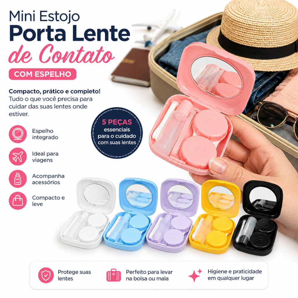Mini Estojo Porta Lente de Contato com Espelho Portátil com Acessórios